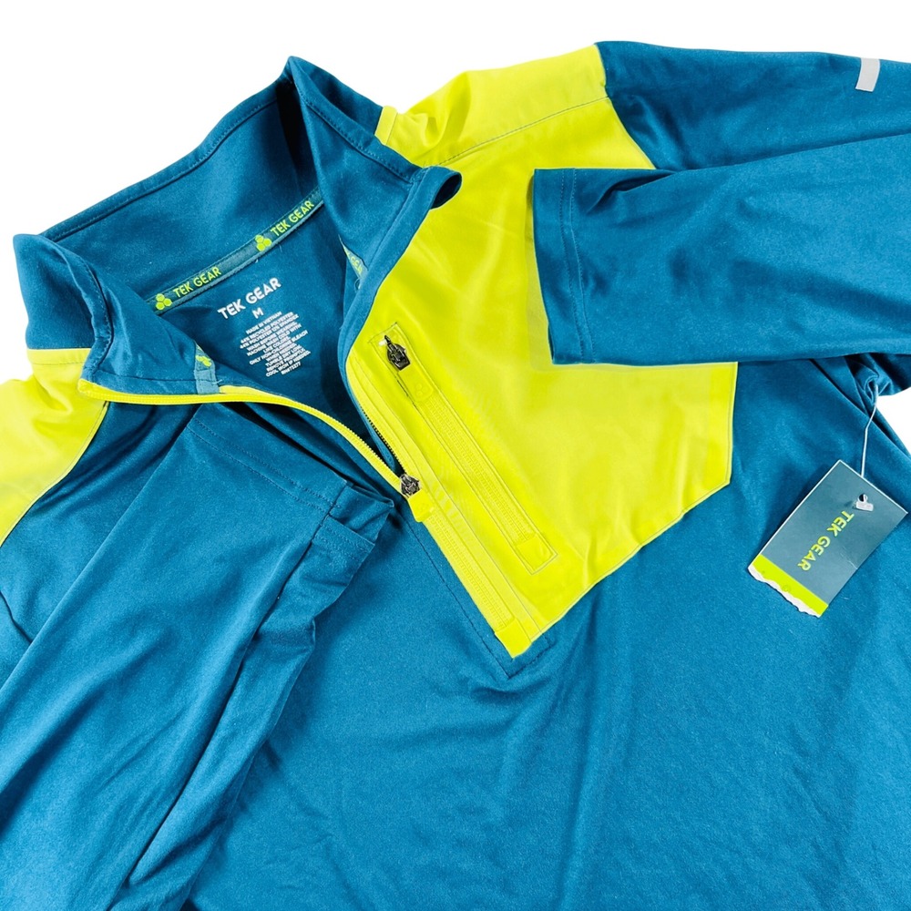 Tek Gear Quarter Zip Pullover Mens Medium Teal Neon Yellow Activewear Gym NWT